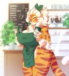  anthro apron apron_only big_breasts breasts buxbi buxbi_(character) cleavage clothed clothing container cup english_text felid female fingers fur green_highlights hair highlights_(coloring) huge_breasts inside long_hair looking_at_viewer mammal mostly_nude multicolored_body multicolored_fur orange_body orange_fur pantherine portrait signature solo standing striped_body striped_fur stripes text thick_thighs three-quarter_portrait tiger white_body white_fur white_hair yellow_eyes 