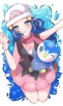  1girl beanie black_shirt blue_hair blush bracelet commentary_request dawn_(pokemon) grey_eyes hair_ornament hairclip hat highres holding holding_poke_ball jewelry long_hair looking_at_viewer one_eye_closed open_mouth outstretched_arm pink_skirt piplup poke_ball poke_ball_(basic) poke_ball_print pokemon pokemon_(anime) pokemon_(creature) pokemon_dppt_(anime) red_scarf scarf shirt skirt sleeveless sleeveless_shirt smile sparkle teeth ume_(ume_445) upper_teeth white_headwear 