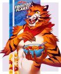  anthro cereal cereal_mascot claws fangs felid food frosted_flakes fruit hi_res kellogg&#039;s male mammal mascot pantherine plant solo strawberry tiger tony_the_tiger xurryls 
