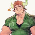  1boy animal_ears bara bespectacled black_tank_top blush brown_eyes brown_hair bulge chest_hair covered_nipples cow_boy cow_ears cow_horns facial_hair fiery_horns forked_eyebrows glasses glowing_horns goatee green_shirt highres horns large_pectorals looking_at_viewer male_focus mature_male muscular muscular_male navel navel_hair pectoral_cleavage pectorals shirt short_hair short_sleeves sideburns slapp_(slapp_backup) solo spiked_hair tank_top thick_eyebrows thick_thighs thighs tight tight_shirt tokyo_afterschool_summoners topless_male upper_body wakan_tanka 