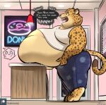  2020 anthro belly belly_on_table benjamin_clawhauser big_belly bodily_fluids bottomwear burping cheetah clothing counter dessert dialogue digestion_noises disney doughnut fangs felid feline food fur half-closed_eyes holding_belly inner_ear_fluff inside male mammal narrowed_eyes obese obese_anthro obese_male open_mouth overweight overweight_anthro overweight_male pants patreon saliva saliva_string side_view sleeveless_shirt solo tanio teeth text tiptoes tongue tuft zootopia 