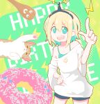  1girl amano_pikamee antennae blue_shorts cat doughnut english_text food happy_birthday highres ladle light_blue_eyes loose_clothes loose_shirt multicolored_hair pointing sharp_teeth shirt short_hair shorts smile smiley_face sparks teeth try0713 two-tone_background two-tone_hair virtual_youtuber voms wide_sleeves 