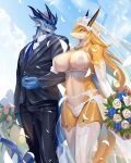  anthro big_breasts blush breasts clothed clothing dragon drajing female hair hi_res horn male smile wedding wingless_dragon 