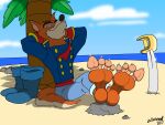  2017 absurd_res anthro artist_name barefoot beach canid canine canis detailed_background digital_media_(artwork) disney don_karnage doritohead eyes_closed feet foot_focus fur hands_behind_head hi_res long_tail male mammal melee_weapon multicolored_body multicolored_fur orange_body orange_fur outside palm_tree plant sea seaside signature sitting smile solo sword talespin tan_body tan_fur toes tree two_tone_body two_tone_fur water weapon wolf 