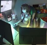  1girl 4chan absurdres closed_mouth computer discord doritos english_commentary fumo_(doll) hat highres himekaidou_hatate indoors inubashiri_momiji kalejdodatabase keyboard_(computer) milk_carton monitor mouse_(computer) pepsi purple_headwear screen screen_light short_sleeves sitting smile solo tokin_hat touhou 