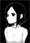  1girl bare_shoulders black_background border greyscale hatching_(texture) highres monochrome open_mouth original outline scribble shiromanta short_hair simple_background solo upper_body white_border white_outline 