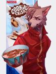 anthro canid canine canis cereal cereal_mascot chip_the_wolf clothing cookie_crisp food hi_res looking_at_viewer male mammal solo wolf xurryls 
