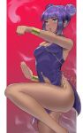  1girl alternate_costume bangs blunt_bangs blush bob_cut breasts china_dress chinese_clothes dark-skinned_female dark_skin double_bun dress fingerless_gloves gloves green_eyes highres looking_at_viewer medium_breasts menat punching purple_hair sato_one1 short_hair smile solo street_fighter street_fighter_v 