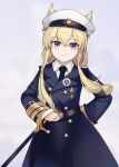  1girl alternate_costume azur_lane bangs belt blonde_hair buttons closed_mouth commentary double-breasted epaulettes eyebrows_visible_through_hair hair_between_eyes hat head_tilt highres long_hair long_sleeves looking_at_viewer medal military military_uniform peaked_cap purple_eyes saber_(weapon) sidelocks sleeves_past_wrists smile solo standing sword uniform user_jdds4474 warspite_(azur_lane) weapon 