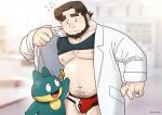  1boy bara beard belly birch_(pokemon) blush bulge character_request chest_hair clothes_lift facial_hair fat flying_sweatdrops hairy highres korean_commentary labcoat large_pectorals leg_hair male_focus male_underwear mature_male navel navel_hair nipples nose_blush pectorals poke_ball_print pokemon pokemon_(creature) print_male_underwear shirt_lift short_hair slapp_(slapp_backup) stomach thick_eyebrows tusks underpec underwear 
