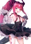  1girl absurdres bangs blue_eyes blush breasts curled_horns detached_sleeves dragon_horns dragon_tail dress elizabeth_bathory_(fate) elizabeth_bathory_(fate/extra_ccc) elizabeth_bathory_(first_ascension)_(fate) fang fate/extra fate/extra_ccc fate/grand_order fate_(series) gloves hand_on_hip hand_up highres horns layered_skirt long_hair looking_at_viewer open_mouth pink_hair pointy_ears ponytail revealing_clothes scan short_dress simple_background skirt small_breasts solo suzuho_hotaru tail 