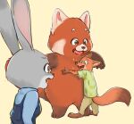  ailurid bottomwear canid canine chi~yuusan clothing disney embrace female fox group hug judy_hopps lagomorph leporid male mammal meilin_lee_(turning_red) nick_wilde pants pixar rabbit red_panda shirt topwear turning_red vest zootopia 