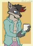  anthro beverage black_hair blue_eyes bottomwear canid canine canis clothed clothing coffee coffee_mug colored container cup digital_media_(artwork) dress_shirt ear_piercing ear_ring fur hair hi_res highlights_(coloring) holding_object lost_andsafe male mammal open_clothing open_shirt open_topwear pants piercing screentone shirt simple_background smile solo sweatpants topwear wolf 