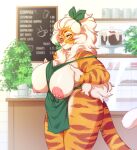  anthro apron apron_only areola big_breasts breasts buxbi buxbi_(character) clothed clothing english_text exposed_breasts felid female fingers fur green_highlights hair highlights_(coloring) holding_breast huge_breasts inside long_hair looking_at_viewer mammal mostly_nude multicolored_body multicolored_fur nipples orange_body orange_fur pantherine portrait signature solo standing striped_body striped_fur stripes text thick_thighs three-quarter_portrait tiger url watermark white_body white_fur white_hair yellow_eyes 