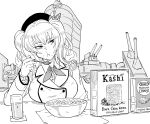  absurdres bb_(baalbuddy) beret bowl box breakfast cereal cereal_box cup english_text epaulettes frilled_sleeves frills glass greyscale hat highres kantai_collection kashima_(kancolle) kerchief monochrome spoon twintails wavy_hair 