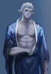  1boy abs bandages bara bare_pectorals belt blue_eyes blue_skin chachi_(soulga) colored_skin gills half-closed_eyes japanese_clothes kimono large_pectorals looking_at_viewer male_focus manly muscular muscular_male nipples original pectorals pointy_ears solo spiked_hair white_hair yukata 