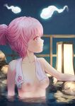  1girl bangs breasts collarbone full_moon hair_bun highres looking_ahead moon night night_sky nipples no_hat no_headwear onsen partially_submerged pink_eyes pink_hair profile saigyouji_yuyuko short_hair sky solo star_(sky) steam touhou towel upper_body water yawdeone 