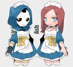 2girls alternate_costume android apex_legends ash_(titanfall_2) ashleigh_reid black_sclera blue_dress blue_eyes breasts brown_hair character_name cleavage colored_sclera dress dual_persona enmaided grey_background highres hood hood_up looking_at_viewer maid maid_headdress medium_breasts multiple_girls nagoooon_114 simulacrum_(titanfall) thighhighs white_legwear yellow_eyes 