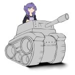  1girl absurdres ahoge black_outline black_sweater blue_eyes braid clenched_hand cxy english_commentary eyebrows_visible_through_hair ground_vehicle hair_ornament hairclip head_wings heterochromia highres looking_ahead medium_hair military military_vehicle motor_vehicle newgrounds nijisanji nijisanji_en outline purple_eyes purple_hair selen_tatsuki shadow simple_background smile solo sweater tank twin_braids virtual_youtuber white_background 