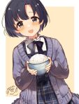  bangs black_hair blue_dress blush bow bowl bowtie buttons cardigan checkered_clothes checkered_dress commentary_request dress eyebrows_visible_through_hair food highres holding holding_bowl idolmaster idolmaster_cinderella_girls long_sleeves looking_at_viewer mmmakaron888 open_mouth purple_cardigan purple_eyes rice_bowl shiragiku_hotaru shirt short_hair signature simple_background smile upper_body white_shirt 