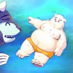  2022 anthro belly big_belly bottomwear clothing duo hi_res humanoid_hands kemono male mammal moobs nipples overweight overweight_male pixiv_id_36067019 shorts solo_focus ursid white_body 
