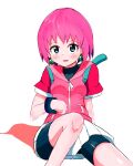  1girl backpack bag beauty_(bobobo-bo_bo-bobo) bike_shorts blue_eyes blush bobobo-bo_bo-bobo cosplay earrings hakyarameru highres jacket jewelry looking_at_viewer open_mouth pink_hair saru_getchu sayaka_(saru_getchu) short_hair shorts shorts_under_skirt simple_background skirt smile solo white_background white_skirt 