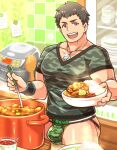  1boy aopanda bara brown_hair commentary_request dog_tags food holding idolmaster idolmaster_side-m jewelry looking_at_viewer male_focus muscular muscular_male open_mouth pectorals purple_eyes shingen_seiji short_hair smile solo 