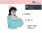  anthro big_breasts blush breasts chinchilla chinchillid cleavage clothed clothing dialogue digital_media_(artwork) embarrassed english_text eyewear female glasses hair hi_res huge_breasts hyper hyper_breasts looking_aside mammal nipple_outline priscilla_(psychotic_walrus) psychoticwalrus rodent smile solo text topwear 