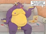  2022 absurd_res anthro belly big_belly controller dragon english_text food furniture game_controller genitals hi_res humanoid_genitalia humanoid_hands humanoid_penis male moobs nipples obese obese_male overweight overweight_male penis pizza pizza_box pizza_slice purple_body sato_afroleone sitting small_penis sofa solo text 