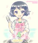  1girl :d apron artist_name black_eyes black_hair bob_cut collarbone commentary cooking dated dress_shirt food frying_pan girls_und_panzer holding holding_frying_pan holding_tongs kuromori_yako looking_at_viewer motion_lines musical_note ooarai_school_uniform open_mouth oven_mitts pink_apron rabbit_team sailor_collar school_uniform serafuku shirt short_hair smile solo steam stove tongs translated upper_body utsugi_yuuki white_background white_shirt 