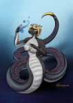  accessory anthro apode black_body black_scales blonde_hair breasts draconcopode female furgonomics gradient_background hair hi_res horn legless magic_user naga nude reptile scales scalie serpentine shimmerspawn simple_background snake solo tail_accessory 
