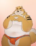  2022 absurd_res anthro belly big_belly black_nose blush bulge canid canine clothing cute_fangs hi_res humanoid_hands kemono male mammal navel overweight overweight_male qqmelon888 simple_background solo underwear 
