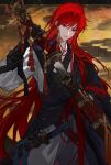  1boy black_gloves earrings eyebrows_visible_through_hair gloves highres holding holding_sheath holding_sword holding_weapon jewelry katana long_hair male_focus original parted_lips pinky_ring red_eyes red_hair ring satsuya scabbard sheath sheathed single_earring solo sword tassel tassel_earrings unsheathing weapon 