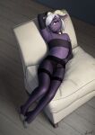  abs anthro apocheck13 bovid caprine clothing collar ear_piercing furniture girly hair hair_over_eye hand_on_crotch hi_res horn inside legwear lingerie looking_aside male mammal one_eye_obstructed pantyhose piercing reclining sheep sofa solo topwear tube_top 