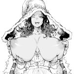  1girl alternate_breast_size areolae breasts breasts_out cape cloak cracked_skin dress elden_ring enpix extra_arms extra_faces fangs fur_cape fur_cloak greyscale hat huge_breasts joints large_hat long_hair looking_at_viewer monochrome nipple_tweak nipples one_eye_closed ranni_the_witch robe simple_background smile solo upper_body white_background witch_hat 