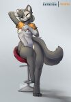  bar_stool bottomless breasts canid canine clothed clothing eyes_closed feretta fox fur furniture grey_body grey_fur hi_res mammal pose raised_clothing raised_topwear red_fox shirt shirt_only silver_fox simple_background sitting smile stool topwear topwear_only vix_(feretta) 