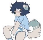 2018 ambiguous_gender anthro archived_source clothing diaper digital_drawing_(artwork) digital_media_(artwork) dipstick_ears dipstick_tail fur gally_(monsterbunny) hair looking_at_viewer markings monsterbunny multicolored_ears shirt simple_background sitting solo tail_markings topwear young 