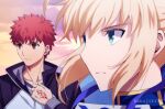  1boy 1girl akujiki59 artist_name artoria_pendragon_(fate) blonde_hair blue_eyes close-up cloud cloudy_sky coat collared_coat collared_shirt emiya_shirou fate/stay_night fate_(series) hand_tattoo looking_to_the_side orange_eyes red_hair saber shirt sky spiked_hair sunset t-shirt tattoo twitter_username 