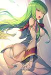  1girl ass boots breasts c.c. code_geass commentary gloves green_hair high_heel_boots high_heels highres long_hair looking_at_viewer looking_back open_mouth solo tarariko thigh_boots thighhighs very_long_hair white_gloves yellow_eyes 
