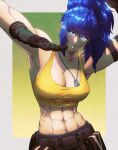  abs blue_eyes blue_hair cosmicleeches dog_tags gloves highres leona_heidern muscular muscular_female ponytail pouch tank_top the_king_of_fighters the_king_of_fighters_xv 