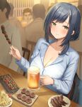  alcohol bangs beer beer_mug blue_shirt blush breasts cleavage closed_mouth collarbone collared_shirt cup dark_blue_hair eyebrows_visible_through_hair food green_eyes highres holding holding_cup holding_food indoors large_breasts long_hair long_sleeves looking_at_viewer mug office_lady original partially_unbuttoned restaurant shirt shougun_(chuckni1) sidelocks sitting smile solo_focus swept_bangs 