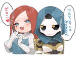  2girls :d android apex_legends ash_(titanfall_2) ashleigh_reid black_sclera blue_eyes blue_jacket brown_hair colored_sclera dual_persona fang gloves head_tilt heart hood hood_up jacket looking_to_the_side multiple_girls nagoooon_114 ojou-sama_pose open_mouth pout simulacrum_(titanfall) skin_fang smile smug speech_bubble translated white_gloves yellow_eyes 