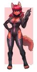  2022 absurd_res anthro big_breasts border breasts cleavage clothed clothing female fur gradient_background gun hair heterochromia hi_res looking_at_viewer multicolored_body multicolored_fur pgm300 ranged_weapon red_body red_fur red_hair simple_background two_tone_body two_tone_fur weapon white_border 