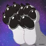  4_toes anthro barefoot black_pawpads claws feet foot_focus hi_res machine male pawpads paws protogen signature soles solo toe_claws toes zumodekira 