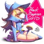  1girl artist_name blonde_hair boots breasts cleavage dark_magician_girl dress duel_monster green_eyes heart highres ice_cream_cone jewelry long_hair medium_breasts rog_rockbe signature staff star_(symbol) strapless strapless_dress thighs yu-gi-oh! yu-gi-oh!_duel_monsters 