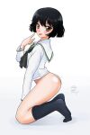  1girl artist_name ass bangs black_eyes black_hair black_legwear black_neckerchief bob_cut bottomless commentary dated dress_shirt finger_to_face from_side full_body girls_und_panzer index_finger_raised kneeling looking_at_viewer looking_to_the_side matsui_yasutsugu neckerchief no_panties no_pants ooarai_school_uniform sailor_collar school_uniform serafuku shadow shirt short_hair signature simple_background socks solo teasing tongue tongue_out utsugi_yuuki white_background white_sailor_collar white_shirt 