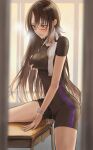  1girl absurdres classroom clothed_masturbation commentary_request competition_swimsuit crotch_rub desk female_masturbation glasses grabbing_own_breast heavy_breathing highres huziko32 long_hair masturbation masturbation_through_clothing one-piece_swimsuit original pussy_juice school_desk self_fondle sweat swimsuit table_sex thighs towel 