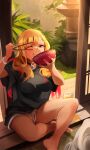  1girl baggy_clothes bangs blonde_hair bowl breasts chopsticks collar contact_lens crossed_legs cup eating feet food garden glass grass highres hime_cut khyle. kitagawa_marin large_breasts multicolored_hair nail_polish non-web_source noodles on_floor one_eye_closed open_door outdoors pink_hair ramen red_eyes shirt short_shorts shorts sitting sono_bisque_doll_wa_koi_wo_suru t-shirt thighs two-tone_hair wooden_floor 