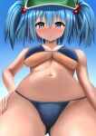  1girl absurdres bikini blue_background blue_eyes blue_hair blue_sky blush breasts day foreshortening from_below gradient gradient_background hair_between_eyes hair_bobbles hair_ornament hat highres kawashiro_nitori large_breasts looking_down naganegi_(yvee2588) navel perspective short_hair simple_background sky solo swimsuit touhou two_side_up underboob 