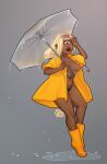  breasts clothing cyclops eyewear eyewear_on_head female hi_res high-waisted_thong humanoid monster monster_girl_(genre) nipples nude pink_nipples pinup pose rain_coat raining redo remake solo sunglasses sunglasses_on_head thong umbrella underwear yellow 